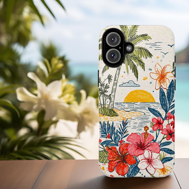 a colorful phone case with a tropical beach scene design, including palm trees, flowers, and a sunset.