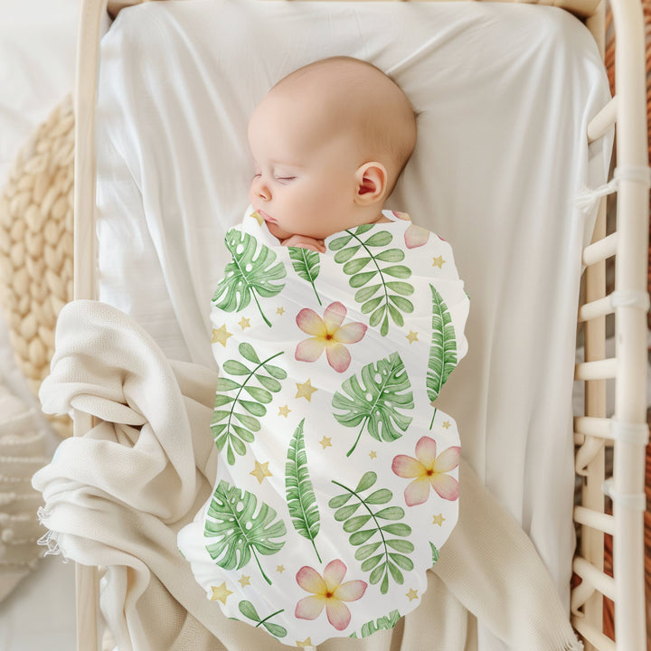 Baby Swaddle Blanket - Tropical Plumeria & Monstera Leaf Wrap, Soft Breathable Fabric