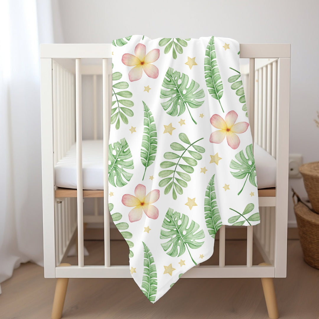 Baby Swaddle Blanket - Tropical Plumeria & Monstera Leaf Wrap, Soft Breathable Fabric