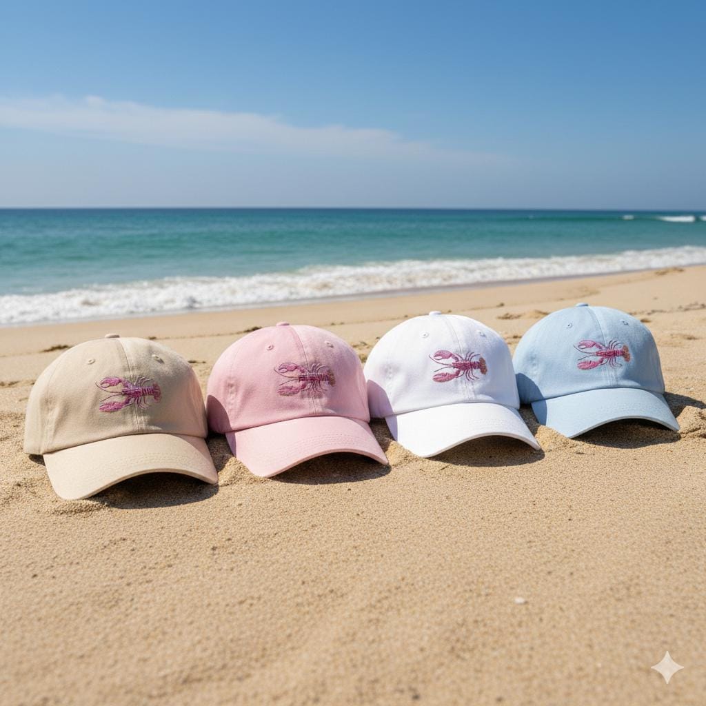 Pink Crayfish Embroidered Dad Hat | Chino Cotton Coastal Baseball Cap