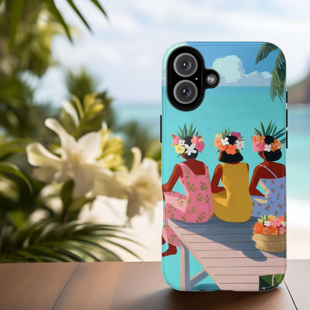 three women sitting on a wooden bench, each wearing a colorful dress and a flower crown, with a tropical beach scene in the background.