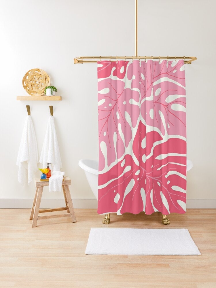 Pink Monstera Shower Curtain 71"x74" | Tropical Botanical & Matisse Inspired Decor