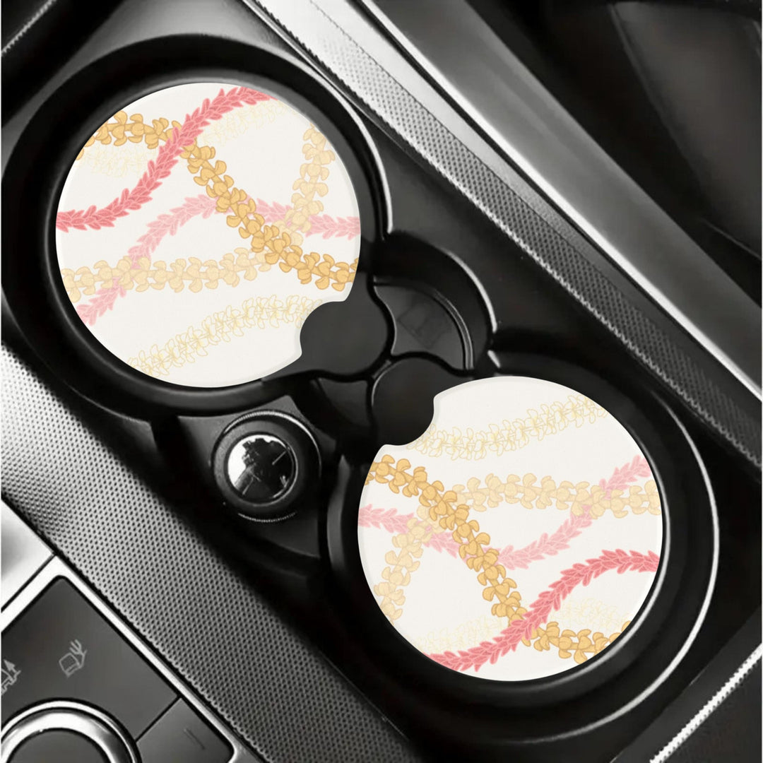 Hawaiian Flower Lei Soapstone Car Coaster Set (2) | Tropical Car Accessories