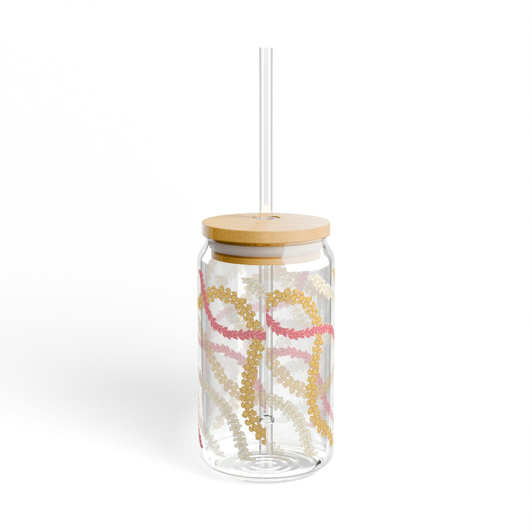Tempered Glass Tumbler 16oz - Hawaiian Flower Lei Iced Coffee Cup with Bamboo Lid