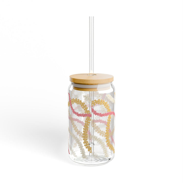 Tempered Glass Tumbler 16oz - Hawaiian Flower Lei Iced Coffee Cup with Bamboo Lid