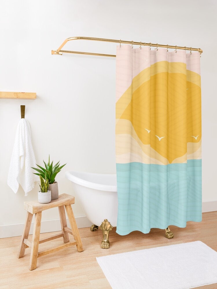 Sunshine Beach Abstract Shower Curtain | Waterproof Sun and Sea Boho Coastal Decor