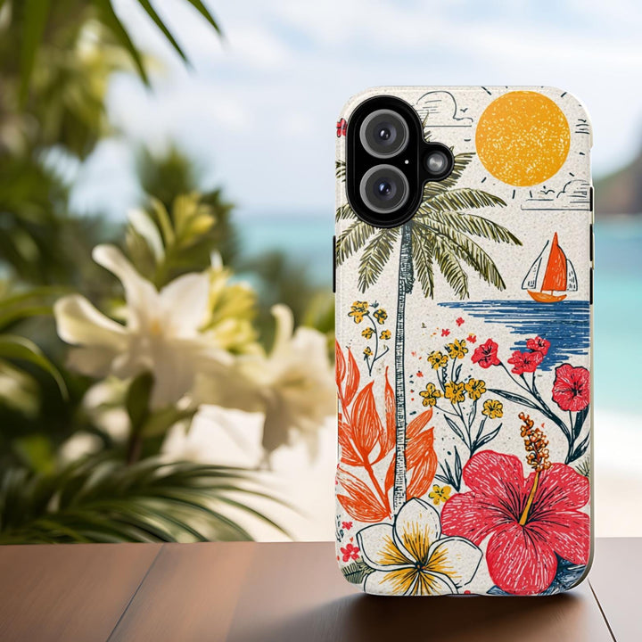 a colorful phone case with a tropical beach scene, including a palm tree, flowers, and a sailboat on the water.