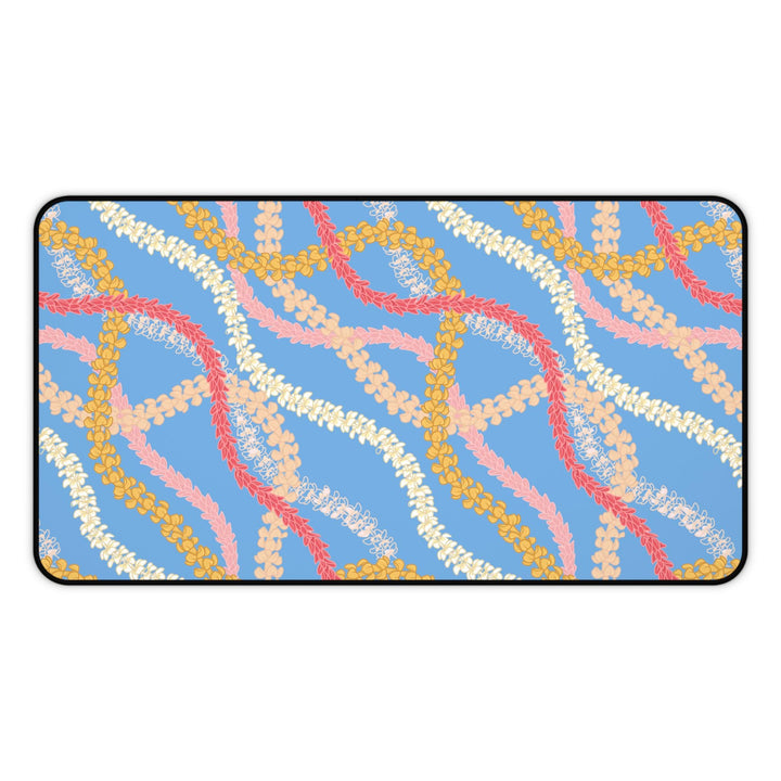 colorful mouse pad with a floral Hawaiian lei pattern with blue background
