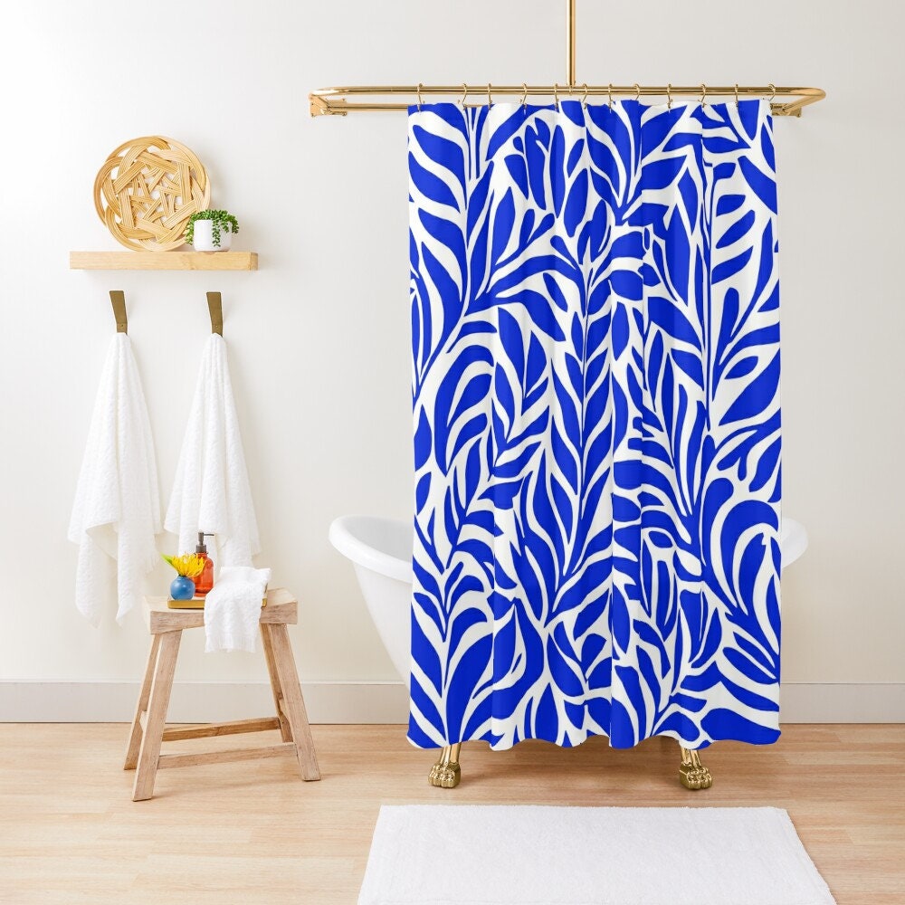 Abstract Botanical Shower Curtain | Blue & White Waterproof Bathroom Decor
