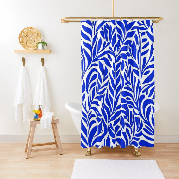 Abstract Botanical Shower Curtain | Blue & White Waterproof Bathroom Decor