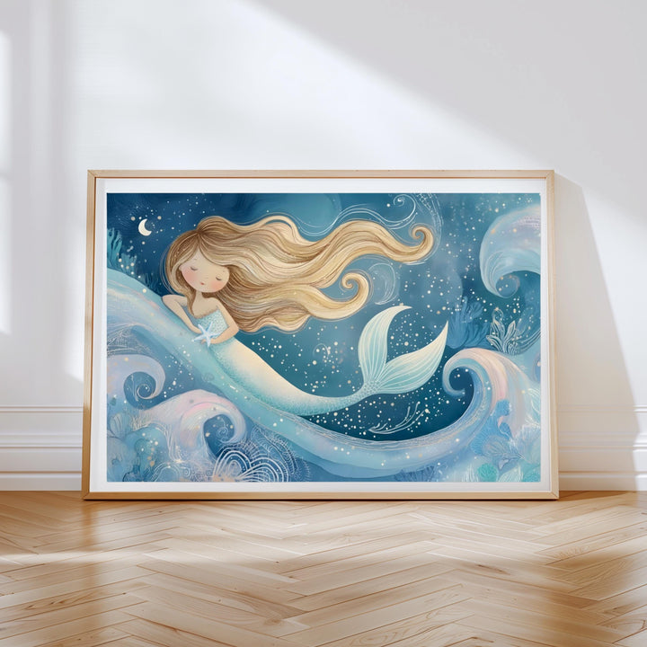 Personalized Watercolor Mermaid Nursery Art, Custom Name Ocean Print, Coastal Baby Shower Gift