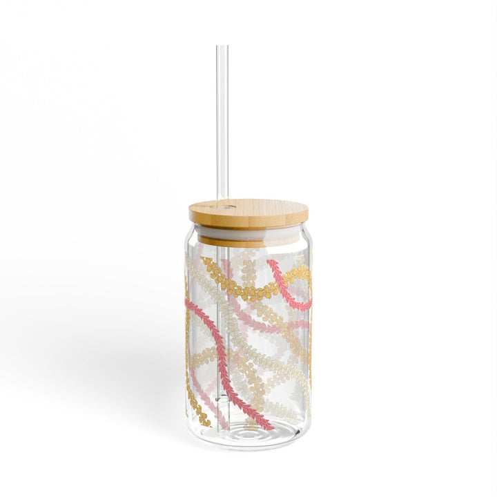 Tempered Glass Tumbler 16oz - Hawaiian Flower Lei Iced Coffee Cup with Bamboo Lid