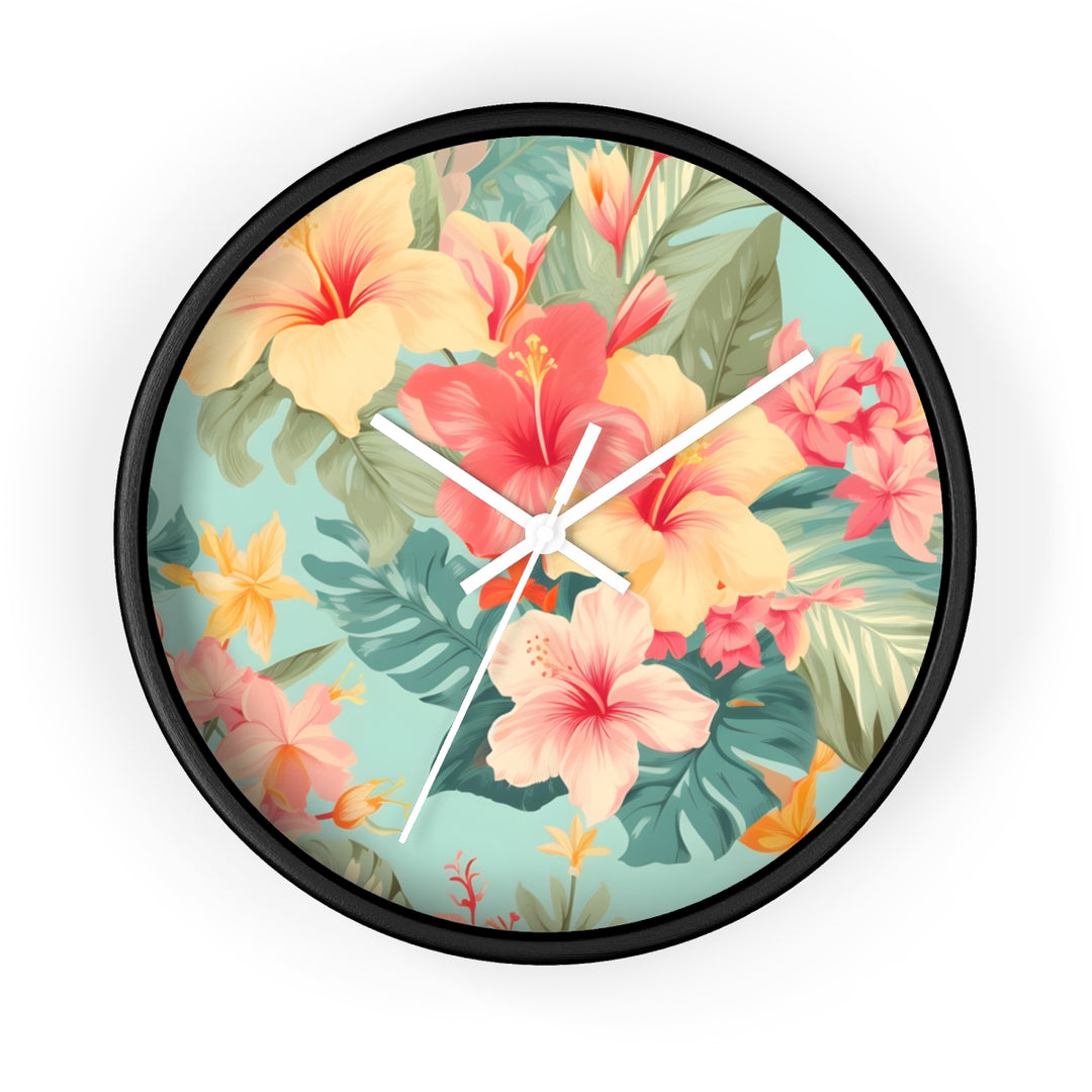 Coastal Wall Clock | Silent Quartz Movement | Tropical Hibiscus Decor