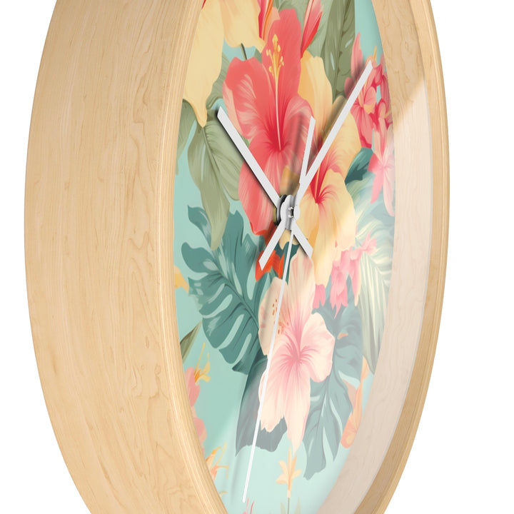 Coastal Wall Clock | Silent Quartz Movement | Tropical Hibiscus Decor