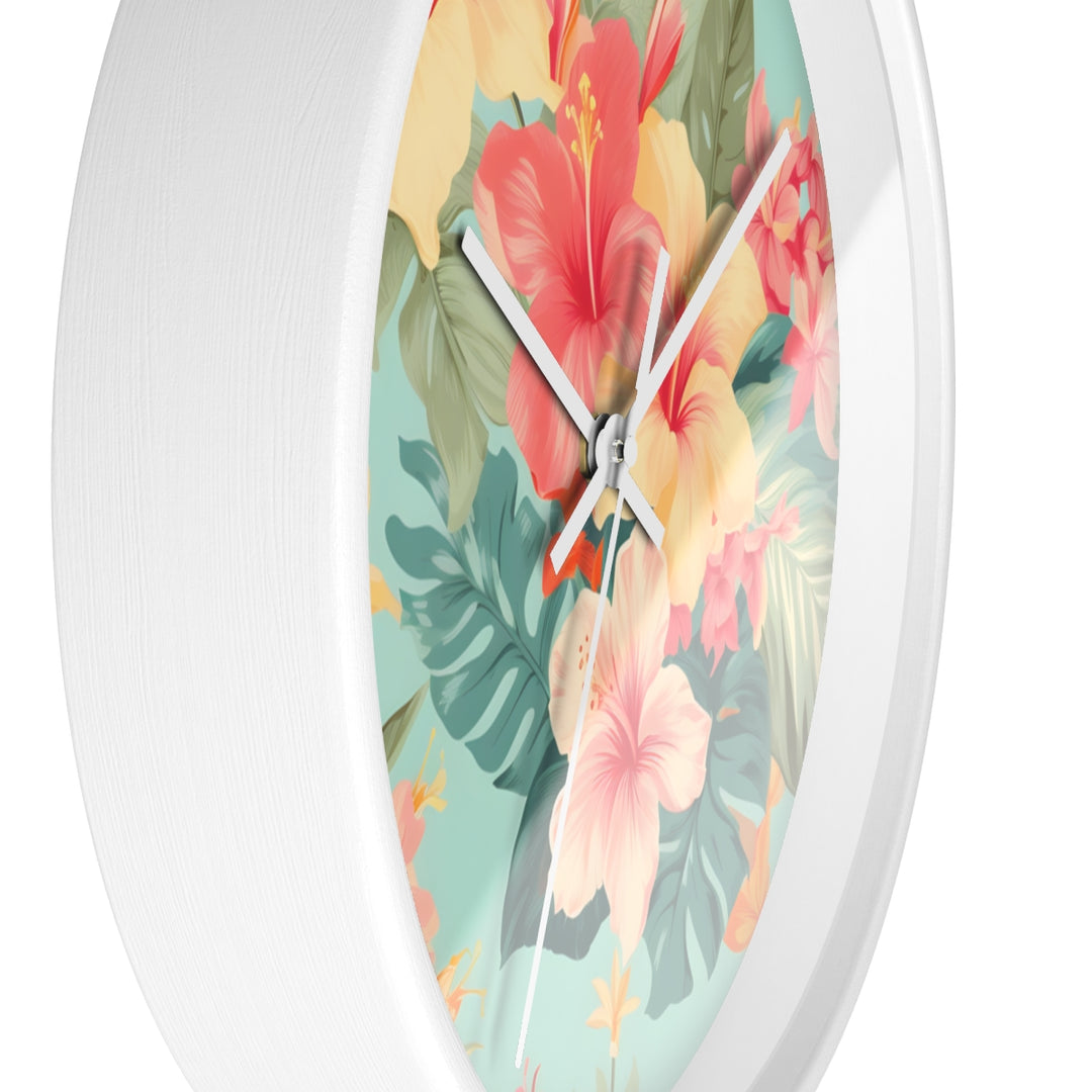Coastal Wall Clock | Silent Quartz Movement | Tropical Hibiscus Decor