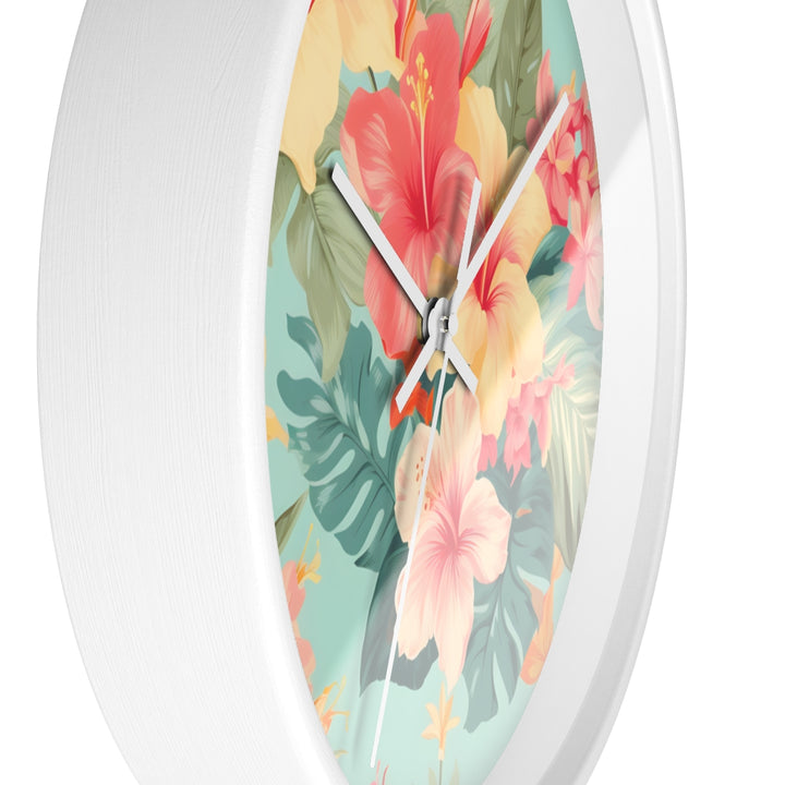 Coastal Wall Clock | Silent Quartz Movement | Tropical Hibiscus Decor