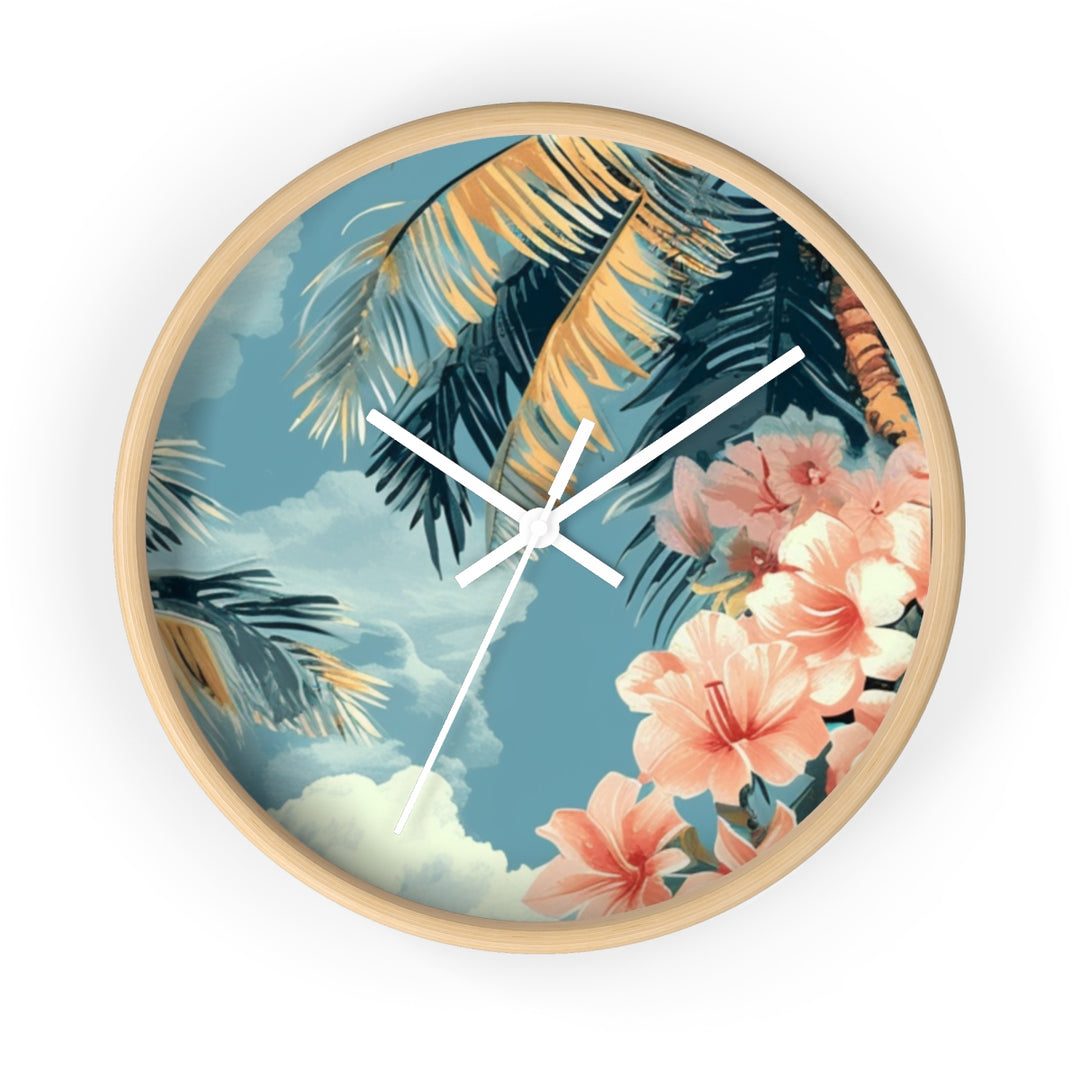 A round wall clock with a tropical flower design on the face, featuring palm leaves and pink flowers against a blue sky background.
