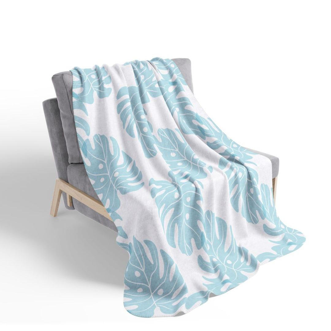 Waimea Bay Sherpa Fleece Throw Blanket | Blue Monstera Print