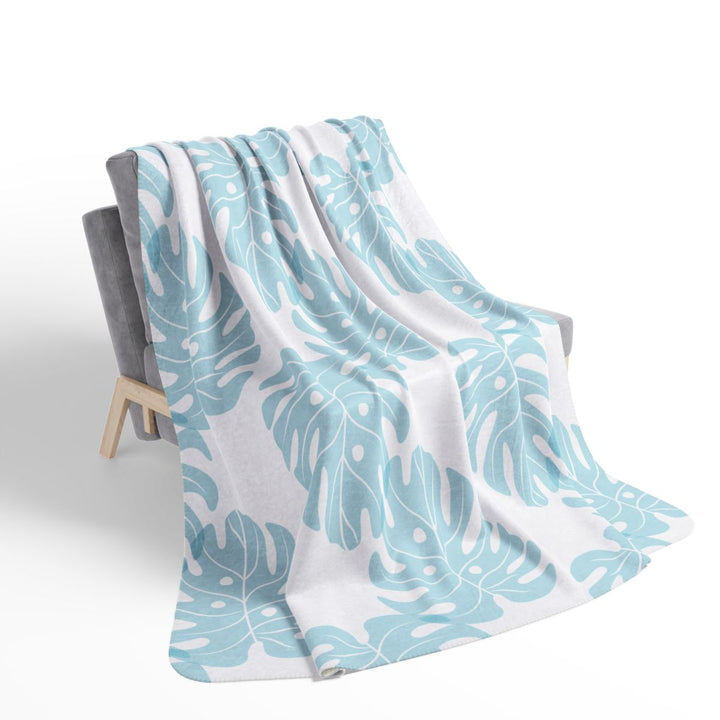 Waimea Bay Sherpa Fleece Throw Blanket | Blue Monstera Print