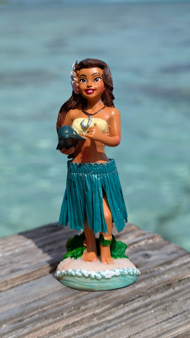 Hula Girl Dashboard Doll (4.3") with Dolphin Charm | Spring Action Hawaiian Car Decor