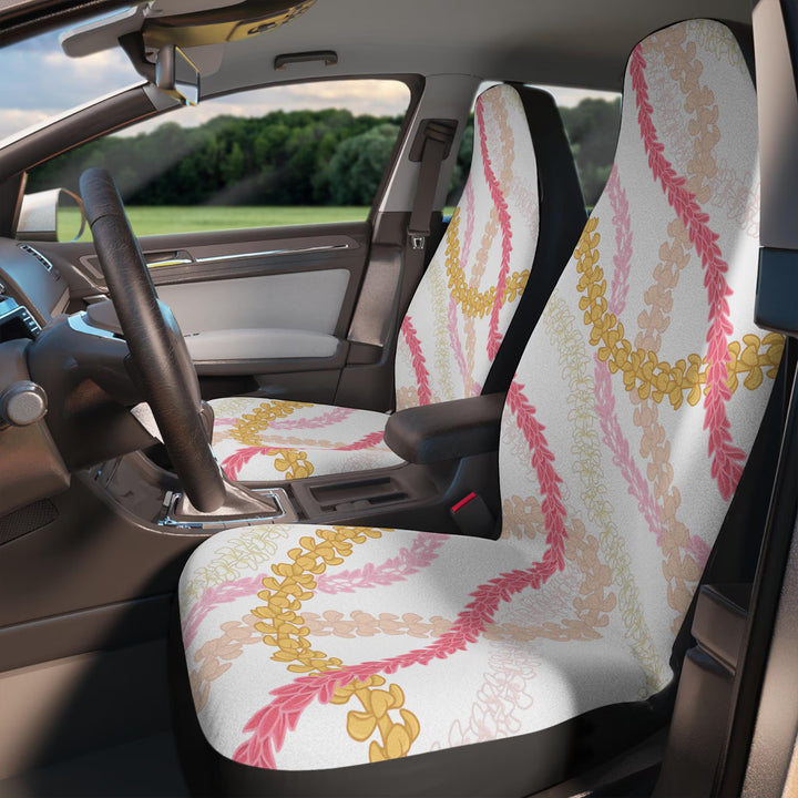 Hanalei Bay car seat covers in flower lei print, set of 2 displayed front-facing