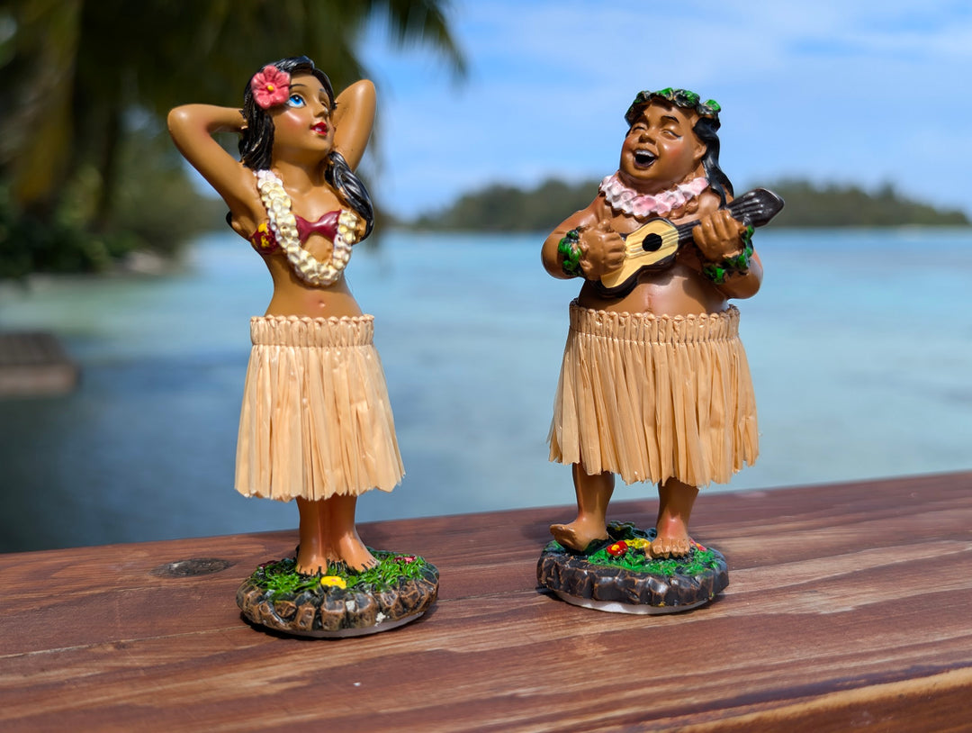 Hawaiian Dashboard Hula Doll Set (2) | Hand Painted Grass Skirt Tropical Car Decor