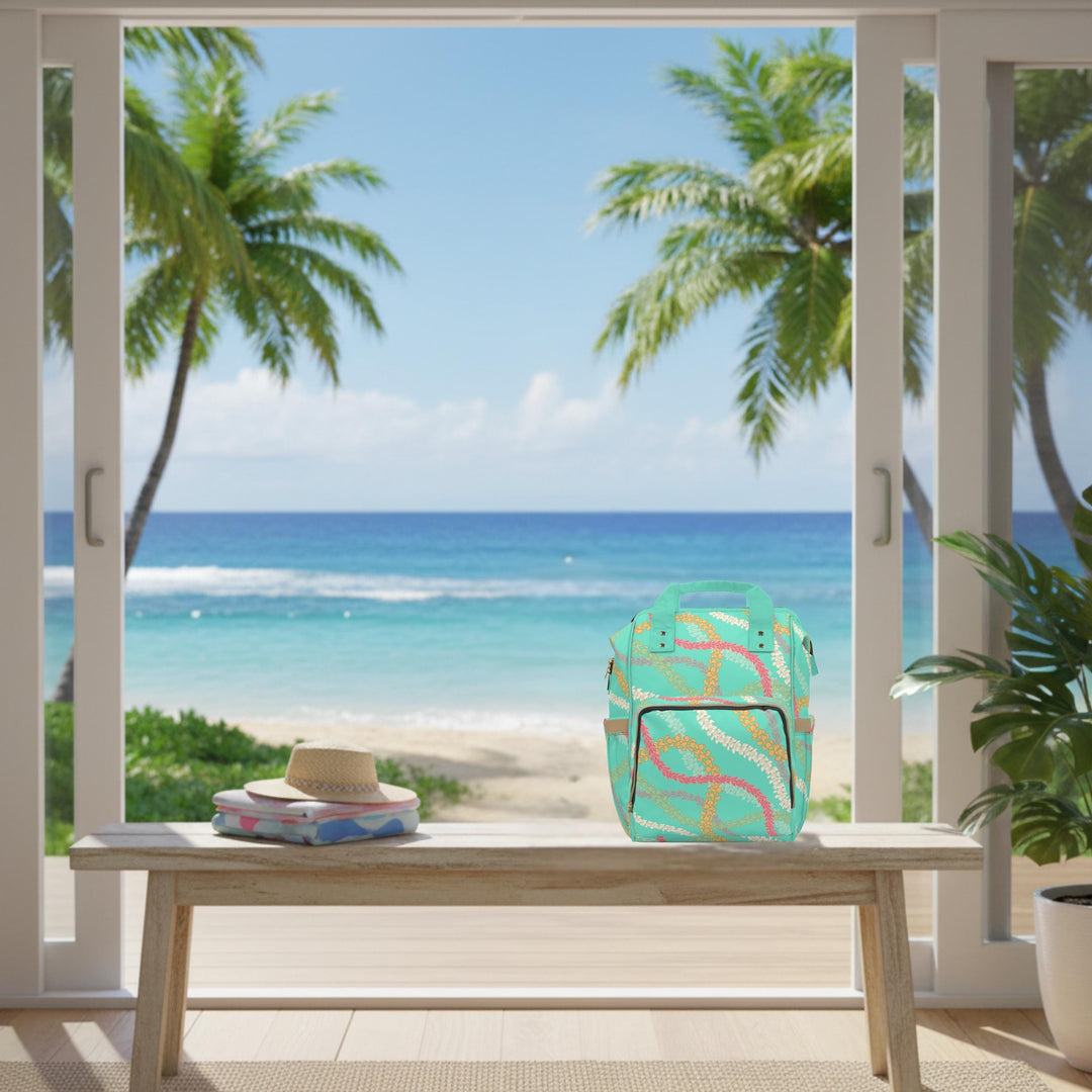 Multifunctional Diaper Bag Backpack, Turquoise Plumeria Print