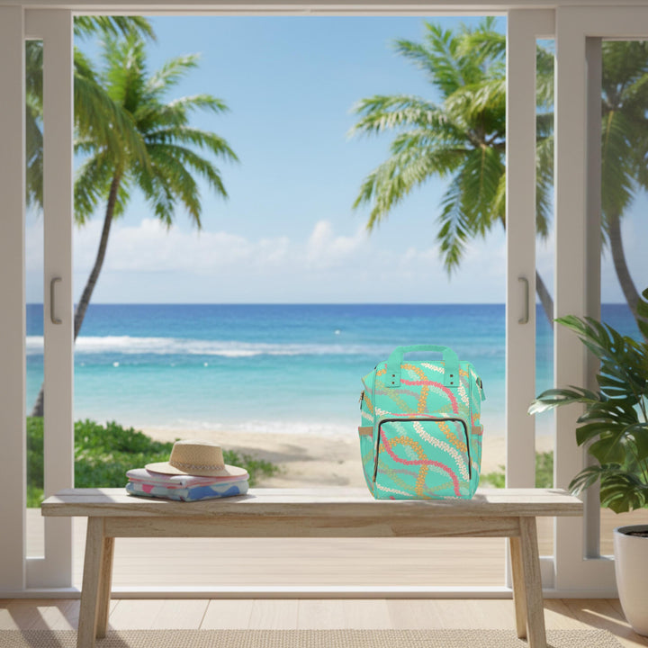 Multifunctional Diaper Bag Backpack, Turquoise Plumeria Print