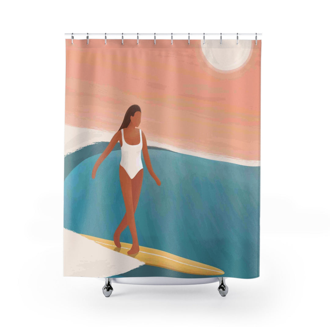 Laguna Beach Surfing Girl Shower Curtain | Boho Coastal & Vintage Tropical Decor