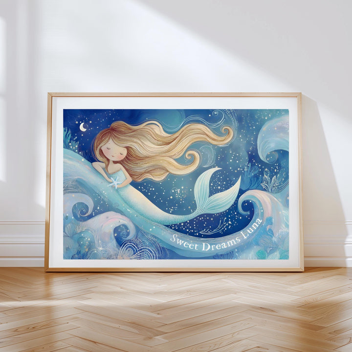 Personalized Watercolor Mermaid Nursery Art, Custom Name Ocean Print, Coastal Baby Shower Gift