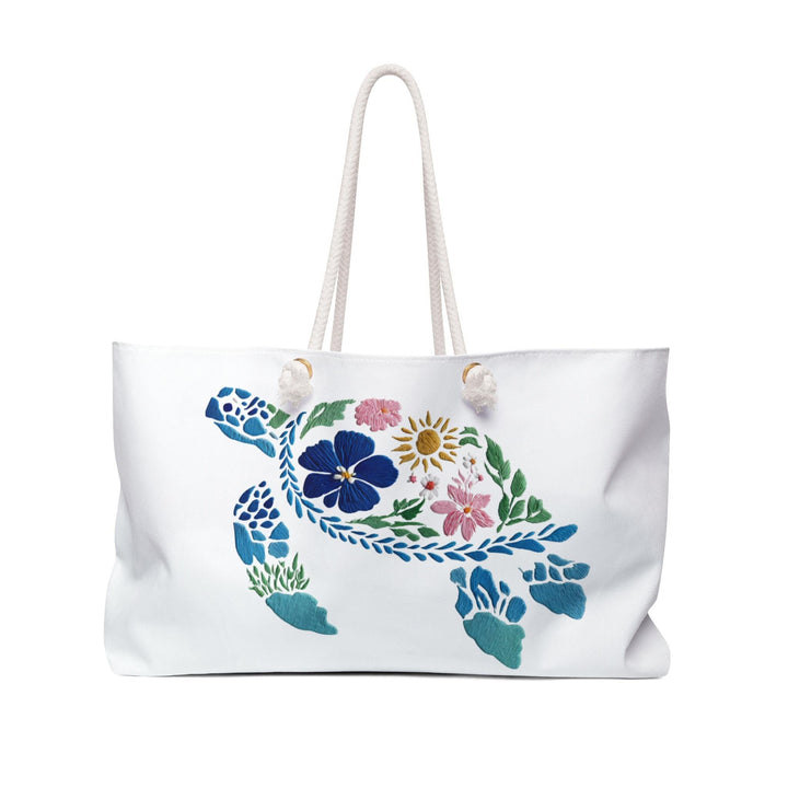 Floral Turtle Weekender Travel Bag | Oversized 24" Coastal Tote with Rope Handles