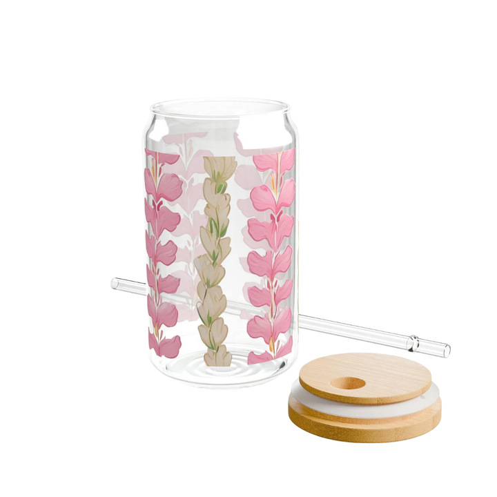 Hawaiian Flower Lei Tumbler - 16oz Glass Sipper Cup With Bamboo Lid & Straw