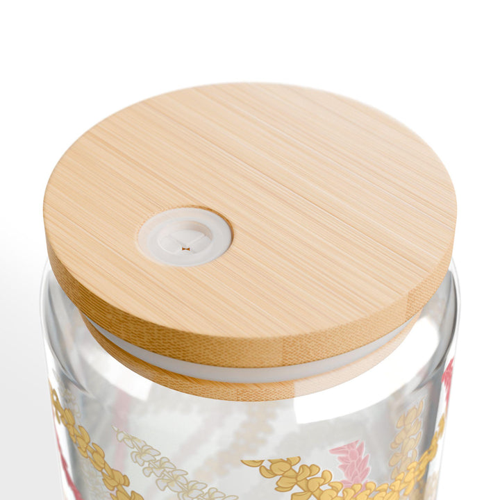 Tempered Glass Tumbler 16oz - Hawaiian Flower Lei Iced Coffee Cup with Bamboo Lid