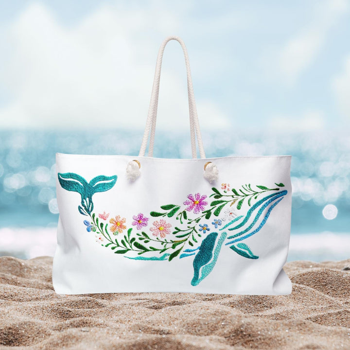 Floral Whale Weekender Travel Bag | Oversized 24" Coastal Tote with Rope Handles