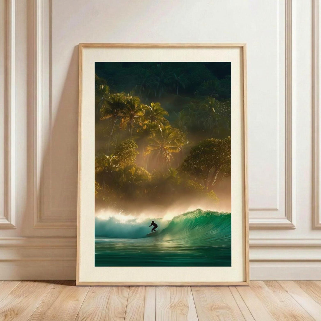 A vertical, retro-style illustration of a tropical Hawaiian beach scene. Several colorful surfboards are standing upright in the sand beneath the shade of lush green palm trees, with a warm, sun-drenched sky in the background.