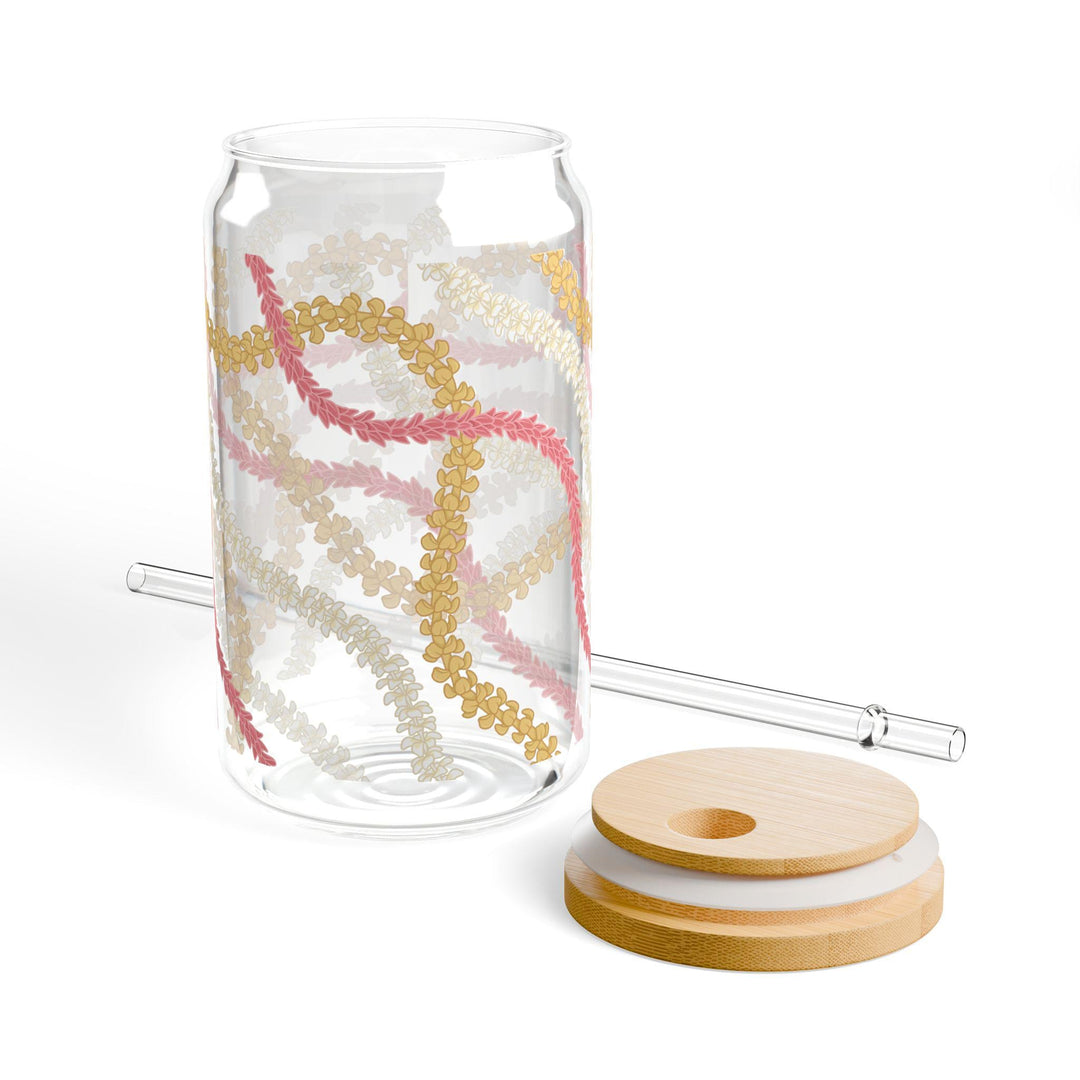 Tempered Glass Tumbler 16oz - Hawaiian Flower Lei Iced Coffee Cup with Bamboo Lid