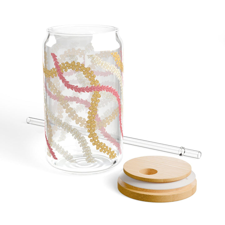 Tempered Glass Tumbler 16oz - Hawaiian Flower Lei Iced Coffee Cup with Bamboo Lid