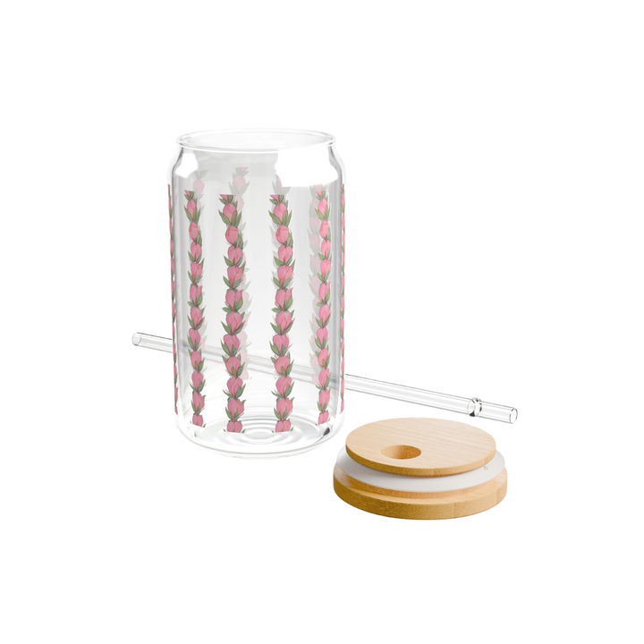 Flower Lei Glass Tumbler 16oz -  Tropical Iced Coffee Cup with Eco Bamboo Lid