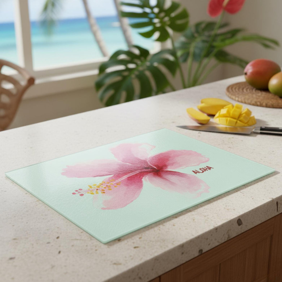Pink Hibiscus Tempered Glass Cutting Board | Coastal Kitchen Decor