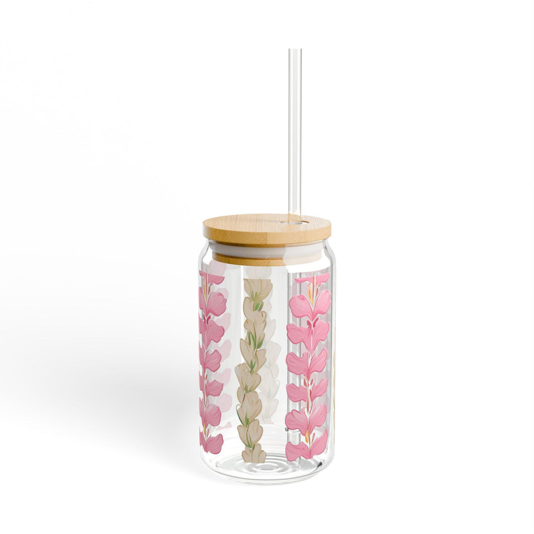 Hawaiian Flower Lei Tumbler - 16oz Glass Sipper Cup With Bamboo Lid & Straw