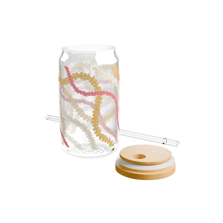 Tempered Glass Tumbler 16oz - Hawaiian Flower Lei Iced Coffee Cup with Bamboo Lid