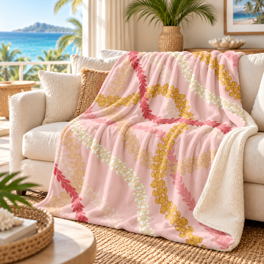 Pink Hawaiian Flower Lei Sherpa Fleece Throw Blanket