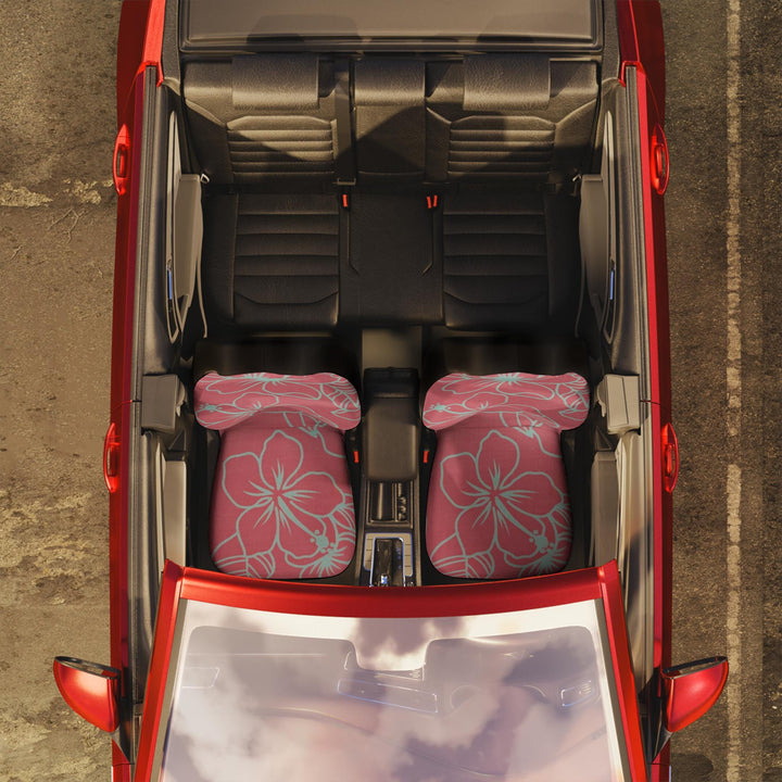 Pair of Little Aloha Co car seat covers in coordinating Reef Hibiscus tropical print