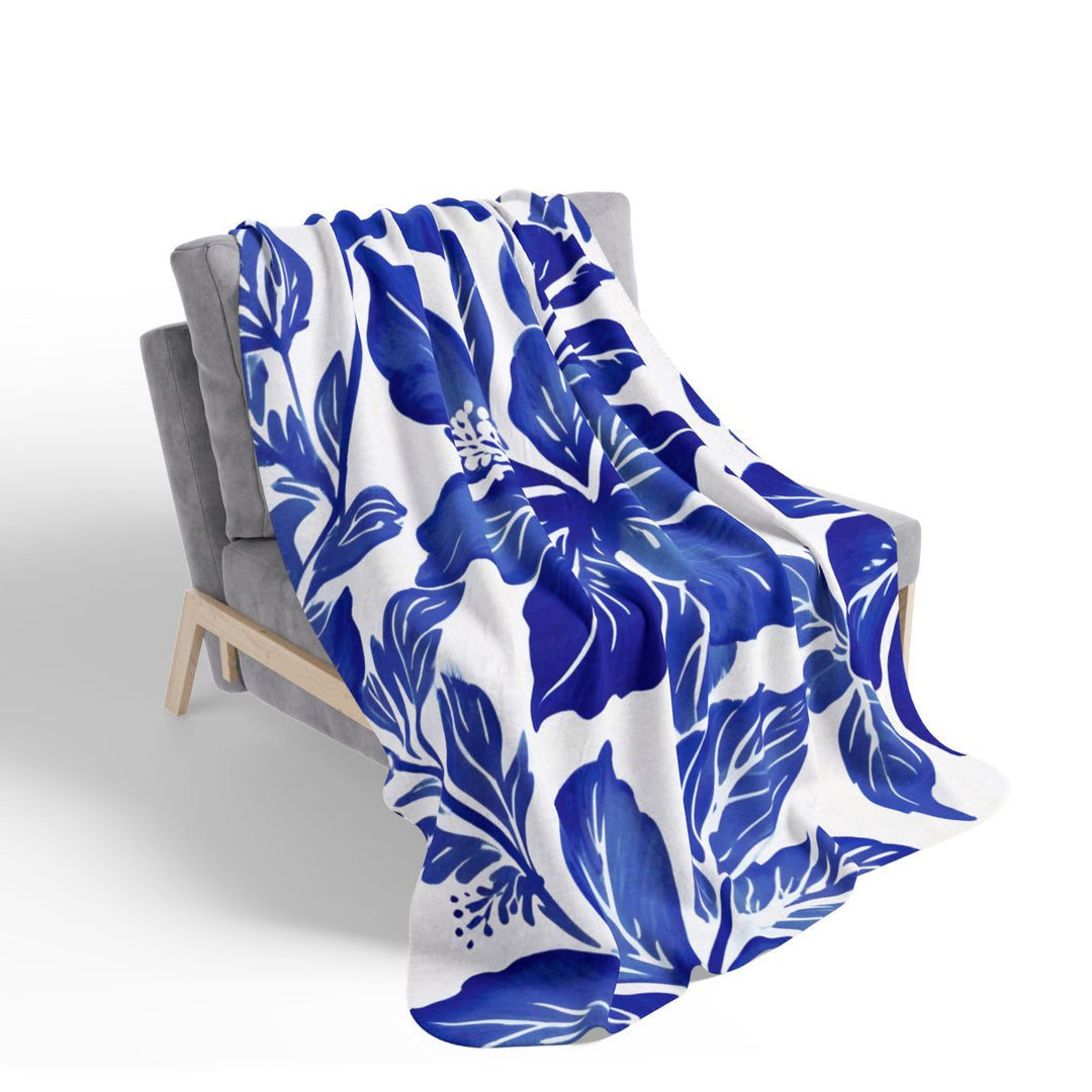 Bokissa Navy Blue Hibiscus Sherpa Fleece Throw Blanket