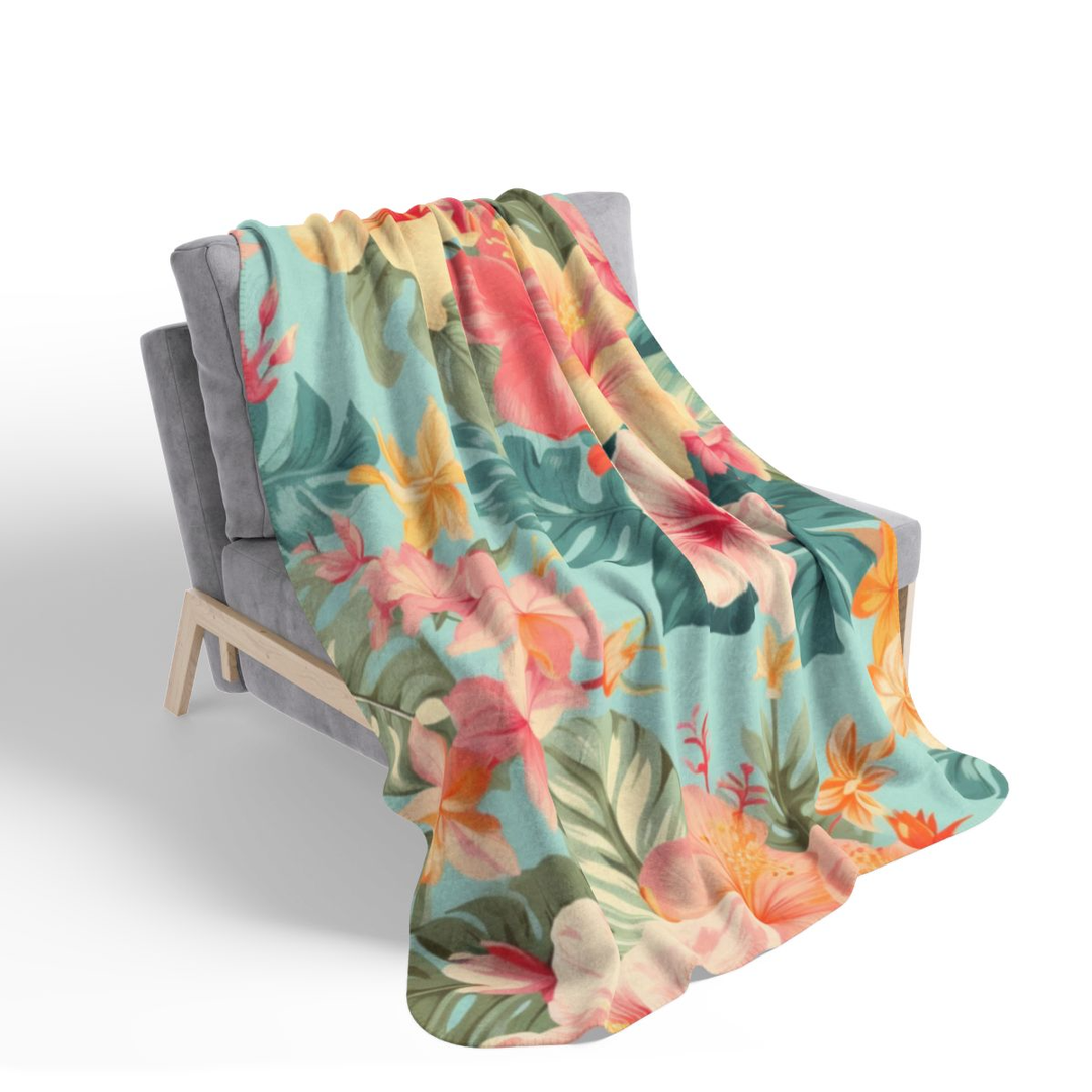 Honolulu Sherpa Fleece Throw Blanket | Tropical Hibiscus Print