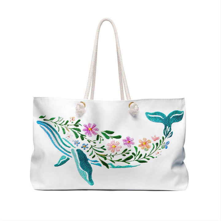 Floral Whale Weekender Travel Bag | Oversized 24" Coastal Tote with Rope Handles