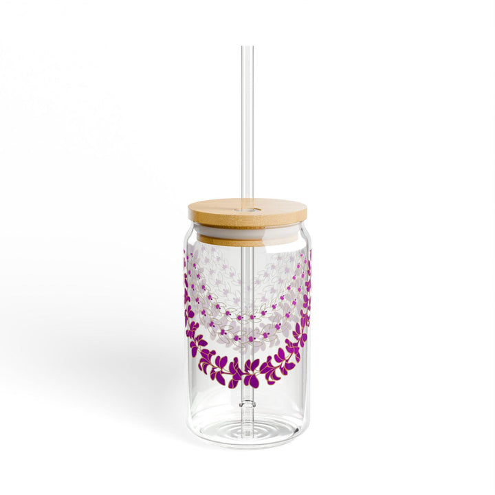Tropical Glass Tumbler, Hawaiian Lei Design (16oz, Bamboo Lid)