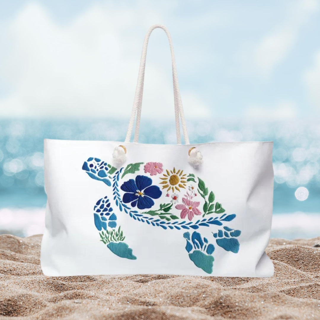 Floral Turtle Weekender Travel Bag | Oversized 24" Coastal Tote with Rope Handles