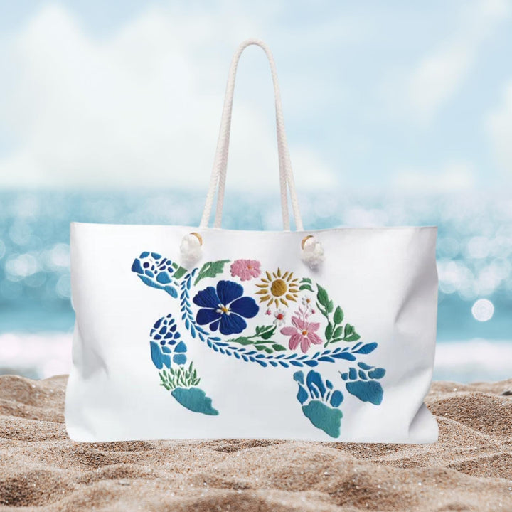 Floral Turtle Weekender Travel Bag | Oversized 24" Coastal Tote with Rope Handles