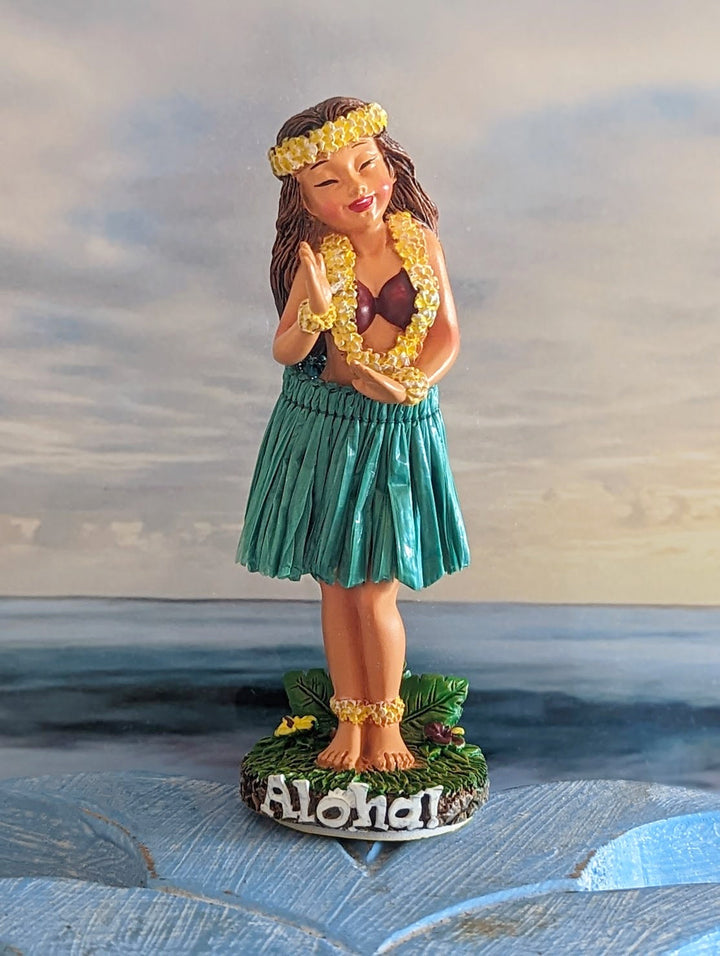 Hawaiian Dashboard Doll - Hand Painted Hula Girl Set With Natural Skirt